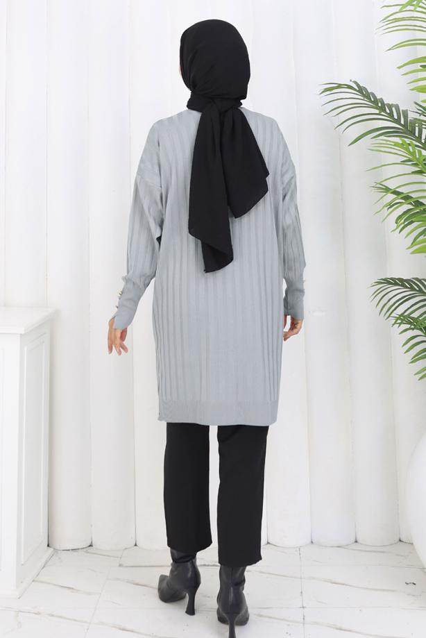 Tesettür giyim GRİ T 9713 BN UZUN MERSERİZE HIRKA - TRENDTESETTÜR