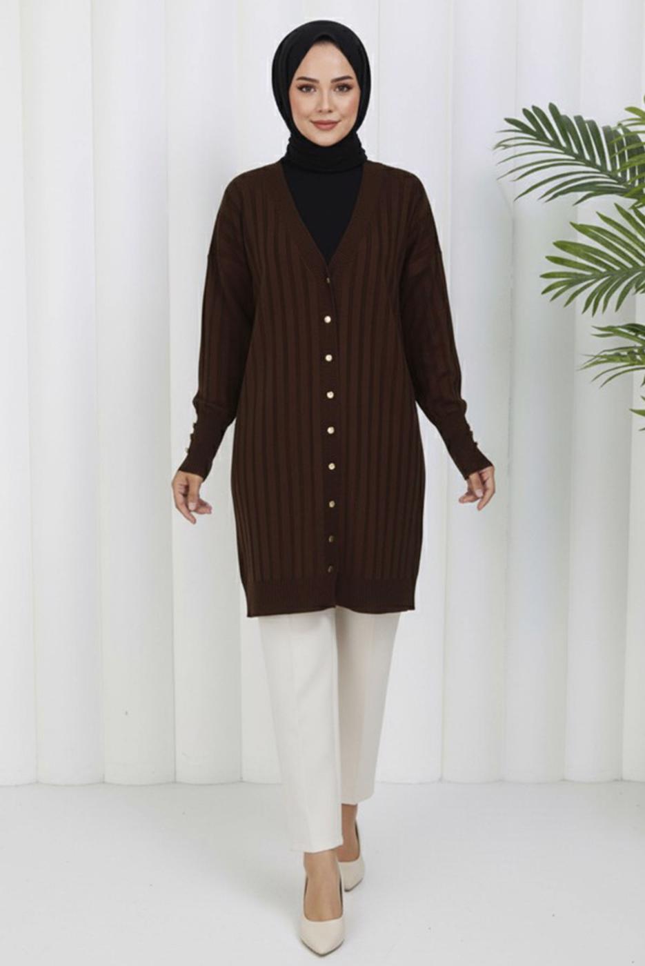 Tesettür giyim KAHVE TRİKO HIRKA T 9713