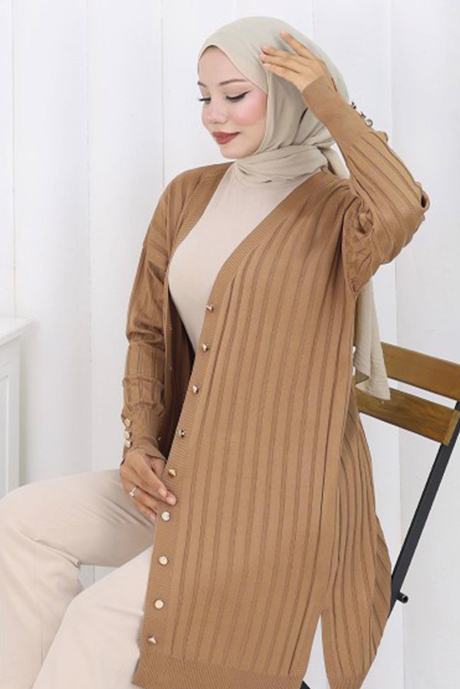 Tesettür giyim VİZON T 9713 BN UZUN MERSERİZE HIRKA