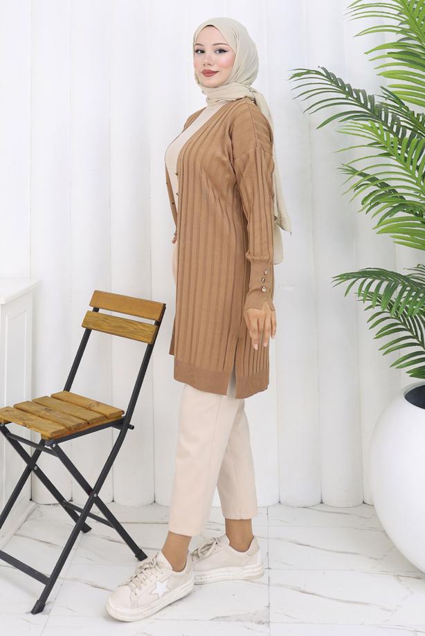 Tesettür giyim VİZON T 9713 BN UZUN MERSERİZE HIRKA - TRENDTESETTÜR