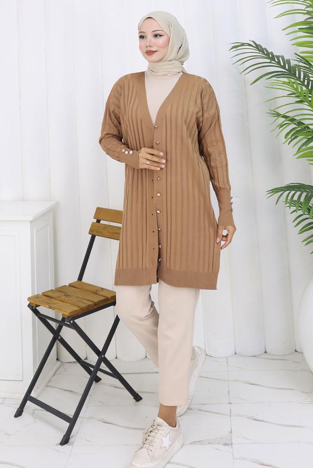 Tesettür giyim VİZON T 9713 BN UZUN MERSERİZE HIRKA - TRENDTESETTÜR