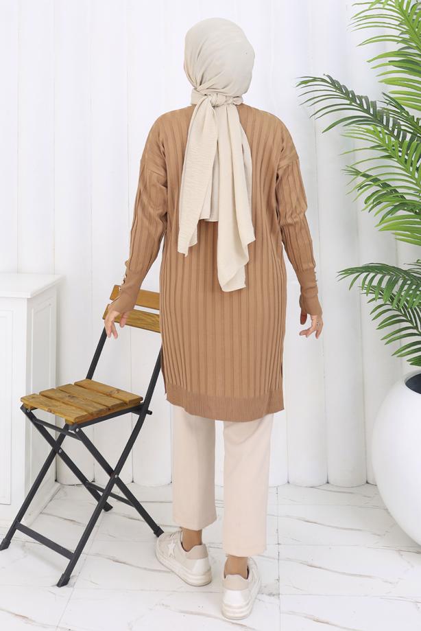 Tesettür giyim VİZON T 9713 BN UZUN MERSERİZE HIRKA - TRENDTESETTÜR