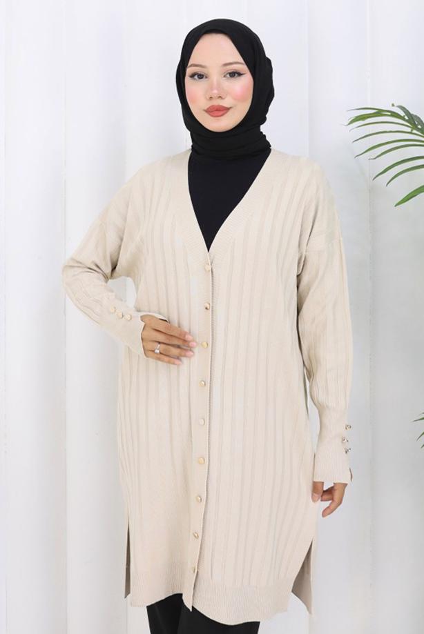 Tesettür giyim BEJ T 9713 BN UZUN MERSERİZE HIRKA - TRENDTESETTÜR