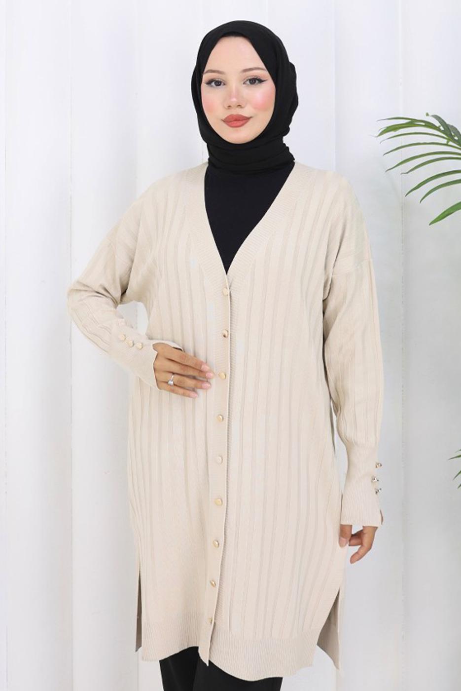 Tesettür giyim BEJ T 9713 BN UZUN MERSERİZE HIRKA
