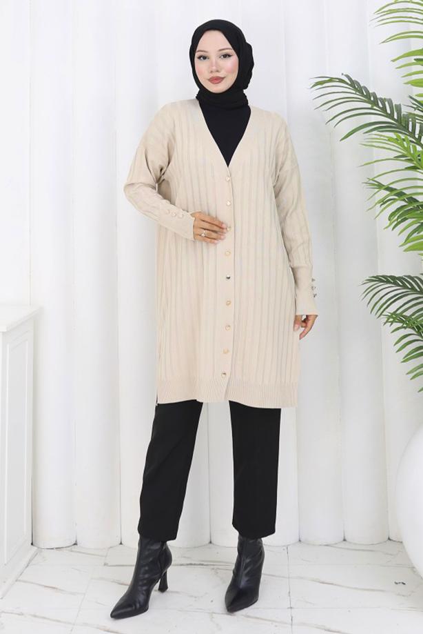 Tesettür giyim BEJ T 9713 BN UZUN MERSERİZE HIRKA - TRENDTESETTÜR
