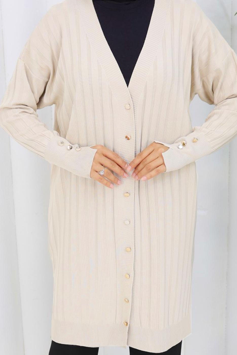 Tesettür giyim BEJ T 9713 BN UZUN MERSERİZE HIRKA