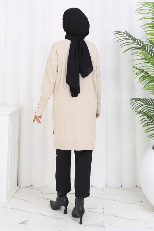 Tesettür giyim BEJ T 9713 BN UZUN MERSERİZE HIRKA - TRENDTESETTÜR