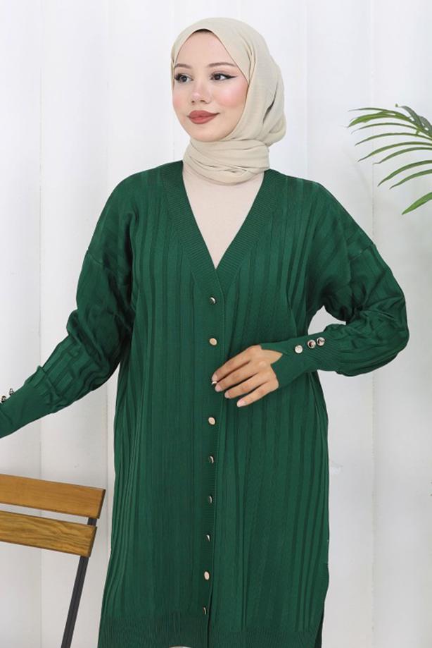 Tesettür giyim YEŞİL T 9713 BN UZUN MERSERİZE HIRKA - TRENDTESETTÜR