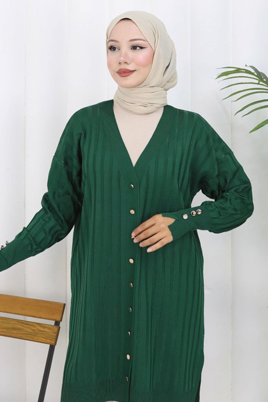 Tesettür giyim YEŞİL T 9713 BN UZUN MERSERİZE HIRKA