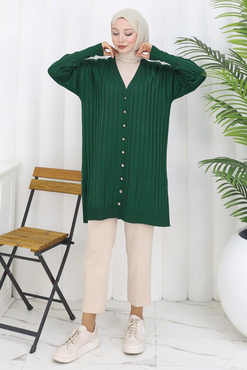 Tesettür giyim YEŞİL T 9713 BN UZUN MERSERİZE HIRKA