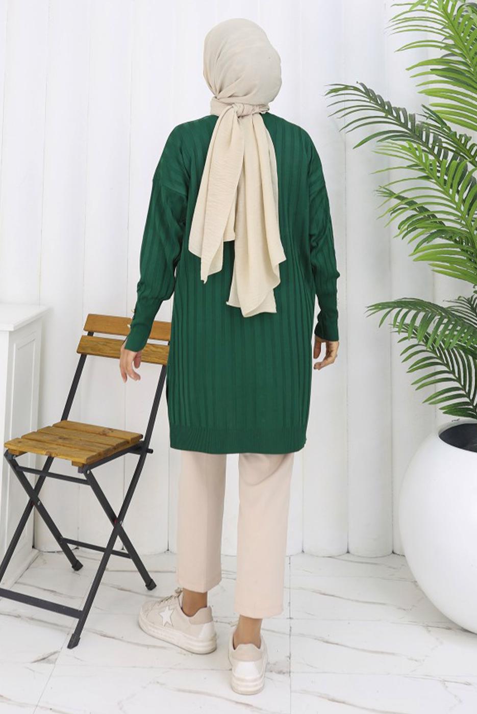 Tesettür giyim YEŞİL T 9713 BN UZUN MERSERİZE HIRKA