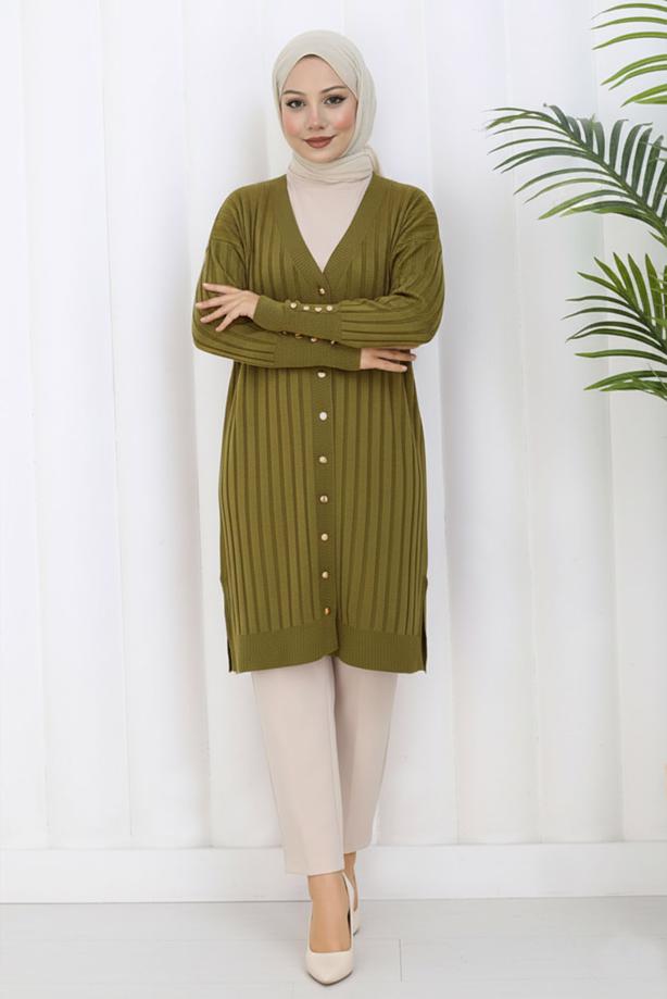 Tesettür giyim YEŞİL TRİKO HIRKA T 9713 - TRENDTESETTÜR