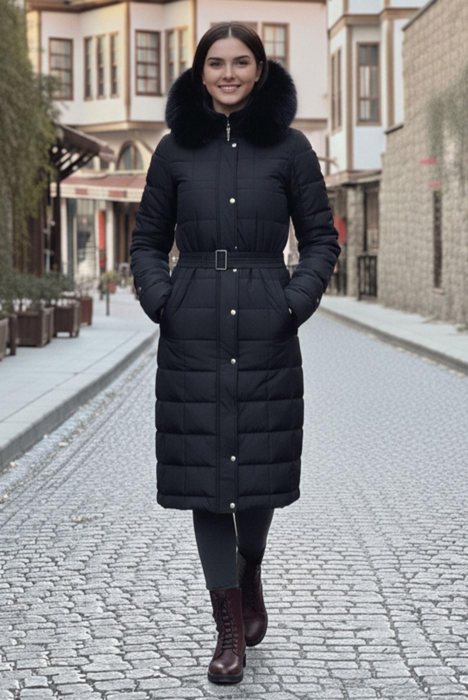 Tesettür giyim SİYAH KEMERLİ KAPİTONE KABAN T 0002