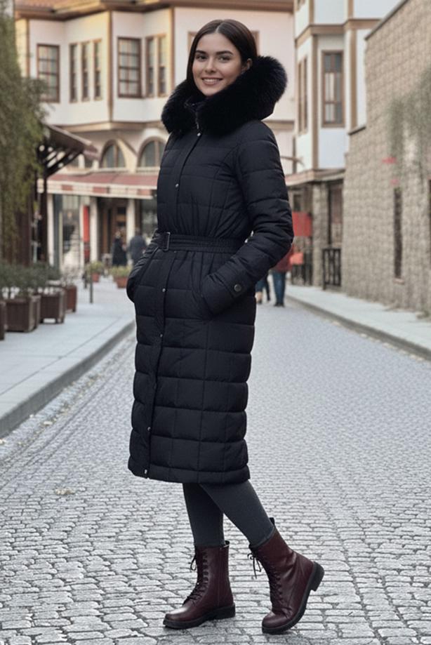 Tesettür giyim SİYAH KEMERLİ KAPİTONE KABAN T 0002 - TRENDTESETTÜR