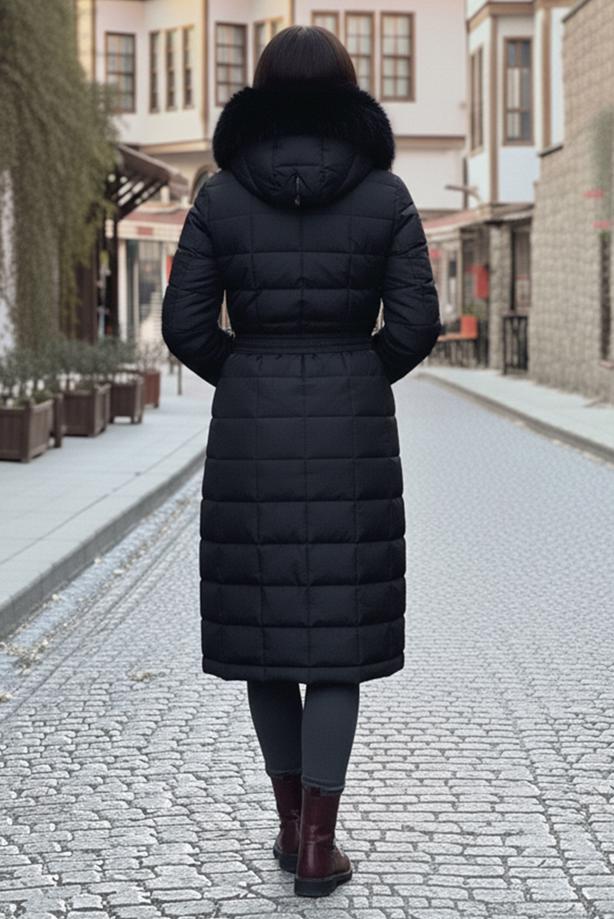 Tesettür giyim SİYAH KEMERLİ KAPİTONE KABAN T 0002 - TRENDTESETTÜR