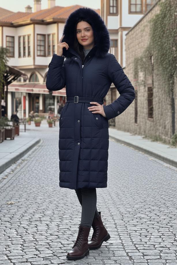 Tesettür giyim LACİVERT KEMERLİ KAPİTONE KABAN T 0002 - TRENDTESETTÜR