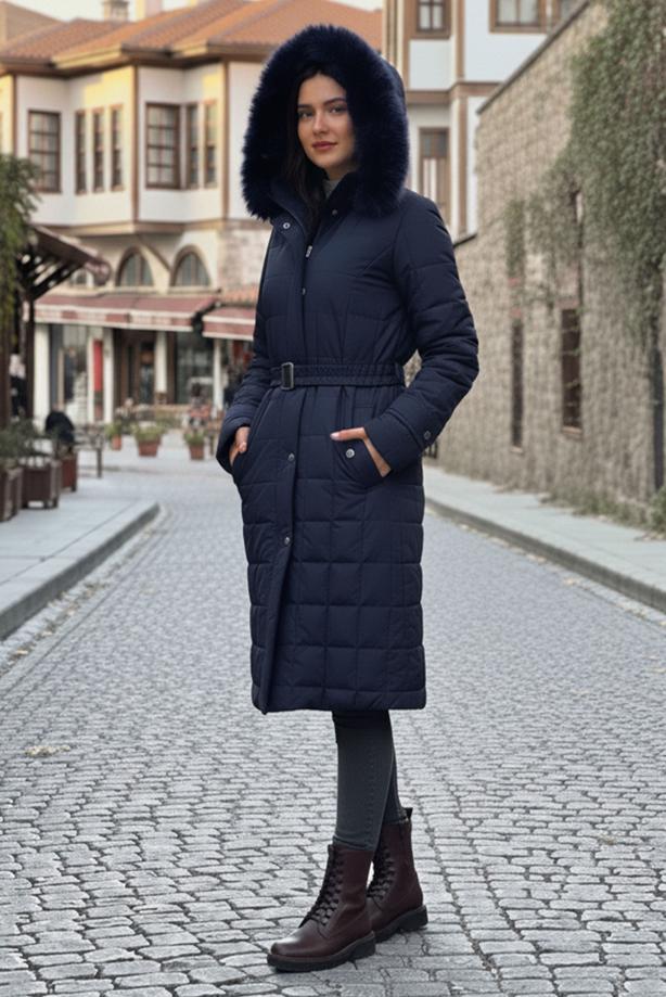 Tesettür giyim LACİVERT KEMERLİ KAPİTONE KABAN T 0002 - TRENDTESETTÜR