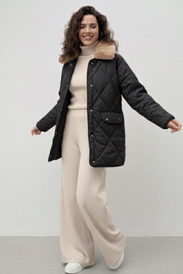 Tesettür giyim SİYAH KAPİTONE KABAN T 0819 - TRENDTESETTÜR