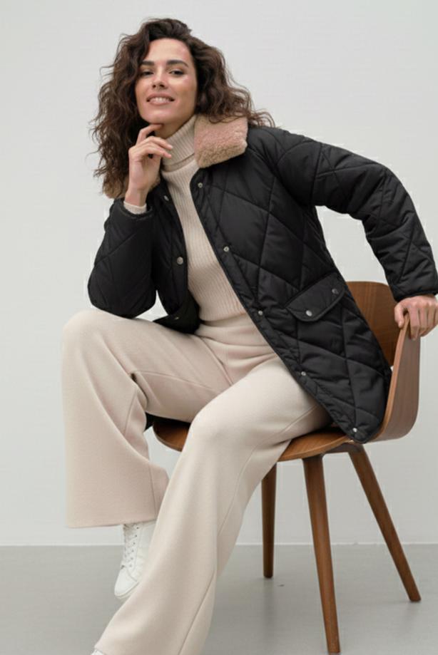 Tesettür giyim SİYAH KAPİTONE KABAN T 0819 - TRENDTESETTÜR