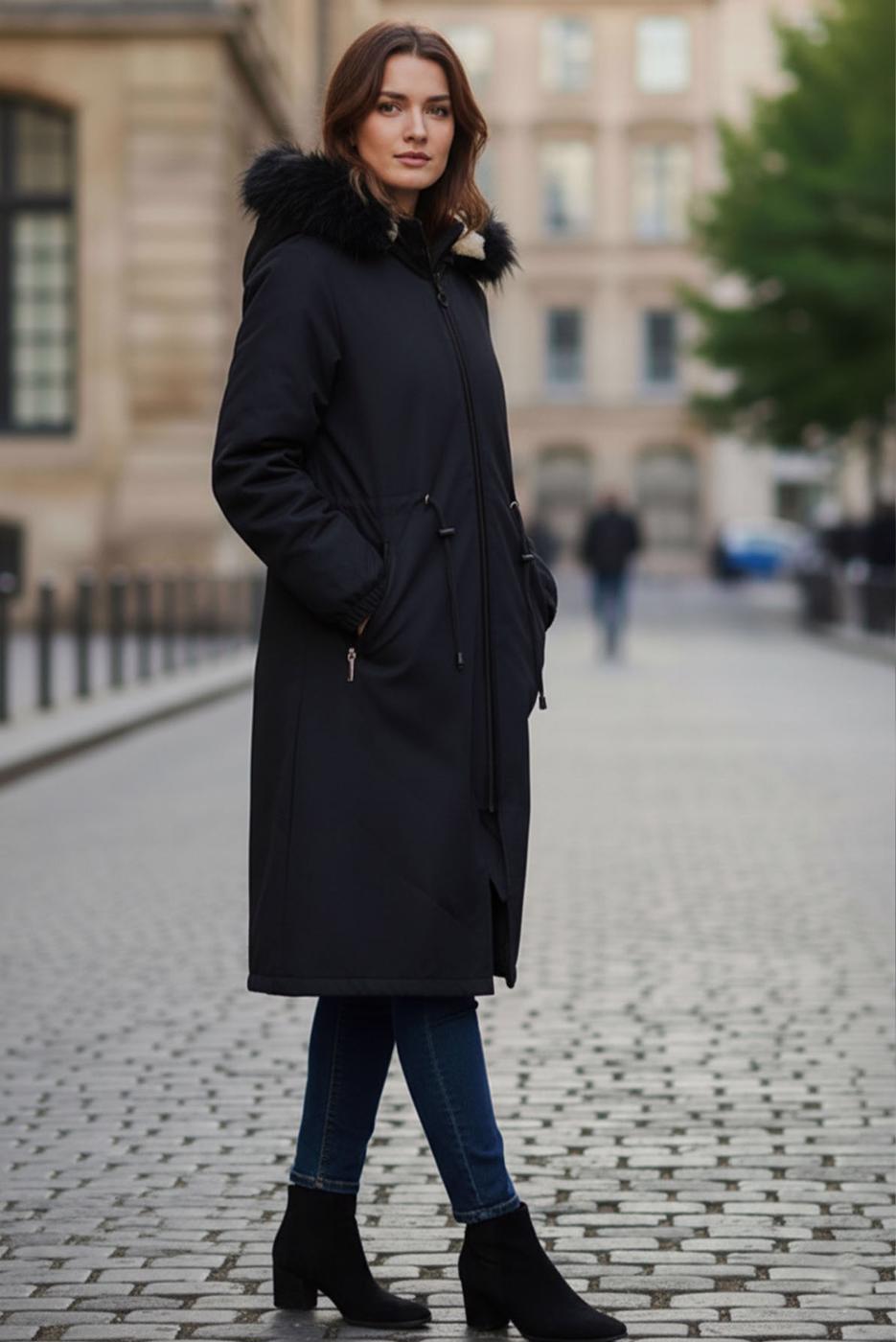 Tesettür giyim SİYAH KAPÜŞONLU SUNİ KÜRK DETAYLI KABAN T 1064