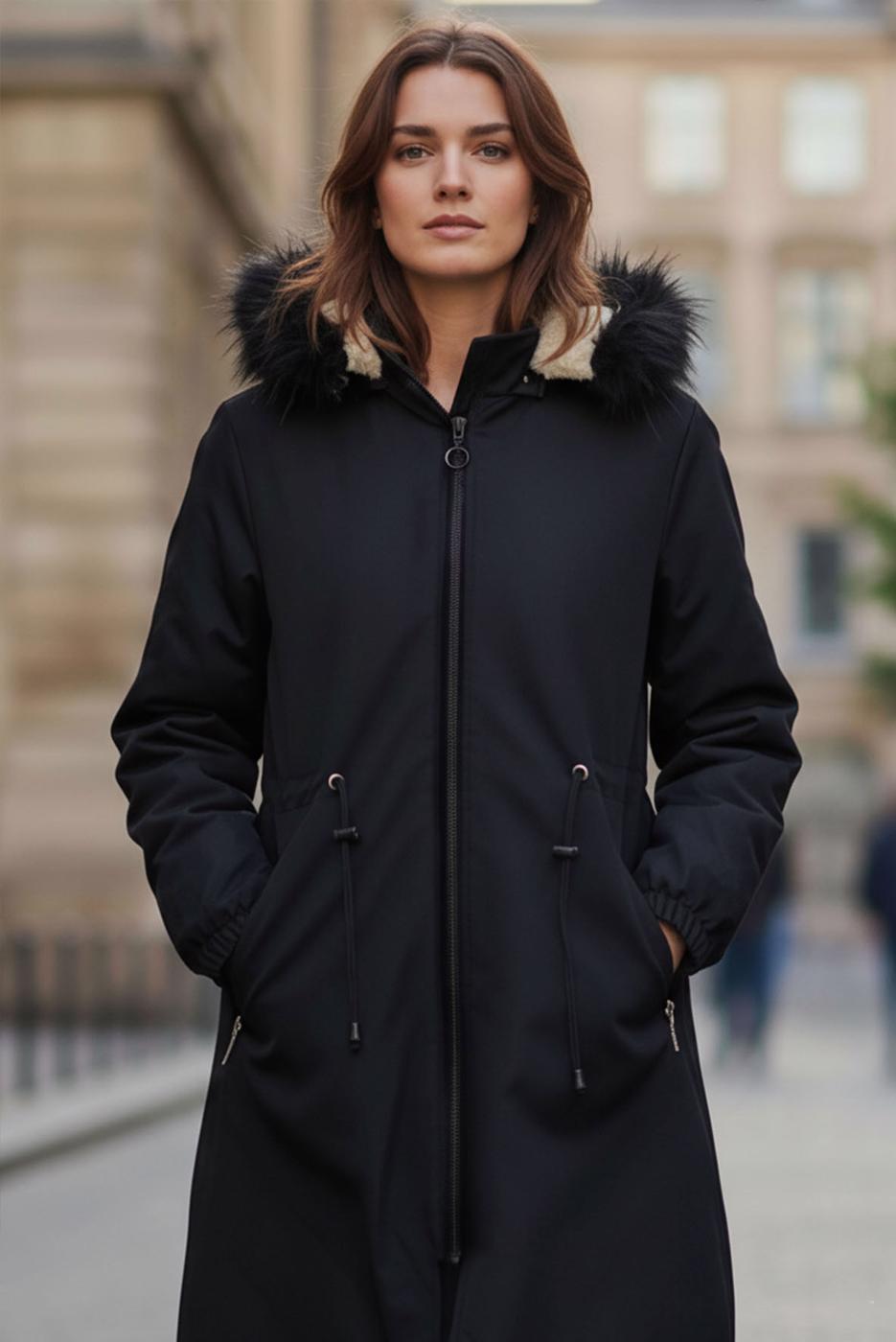 Tesettür giyim SİYAH KAPÜŞONLU SUNİ KÜRK DETAYLI KABAN T 1064