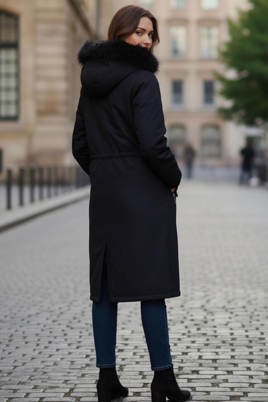 Tesettür giyim SİYAH KAPÜŞONLU SUNİ KÜRK DETAYLI KABAN T 1064