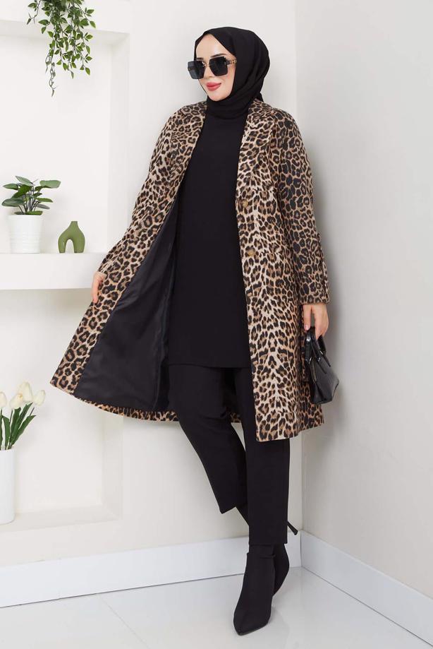 Hijab clothing BROWN LEOPARD PATTERNED TWEED COAT T 1194 - TRENDTESETTÜR