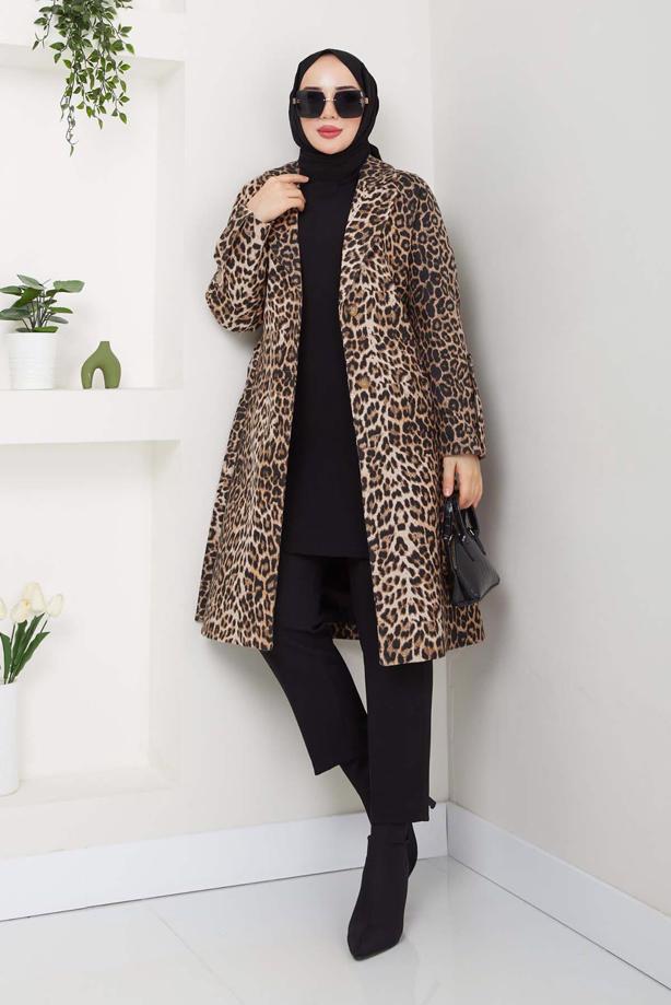 Hijab clothing BROWN LEOPARD PATTERNED TWEED COAT T 1194 - TRENDTESETTÜR