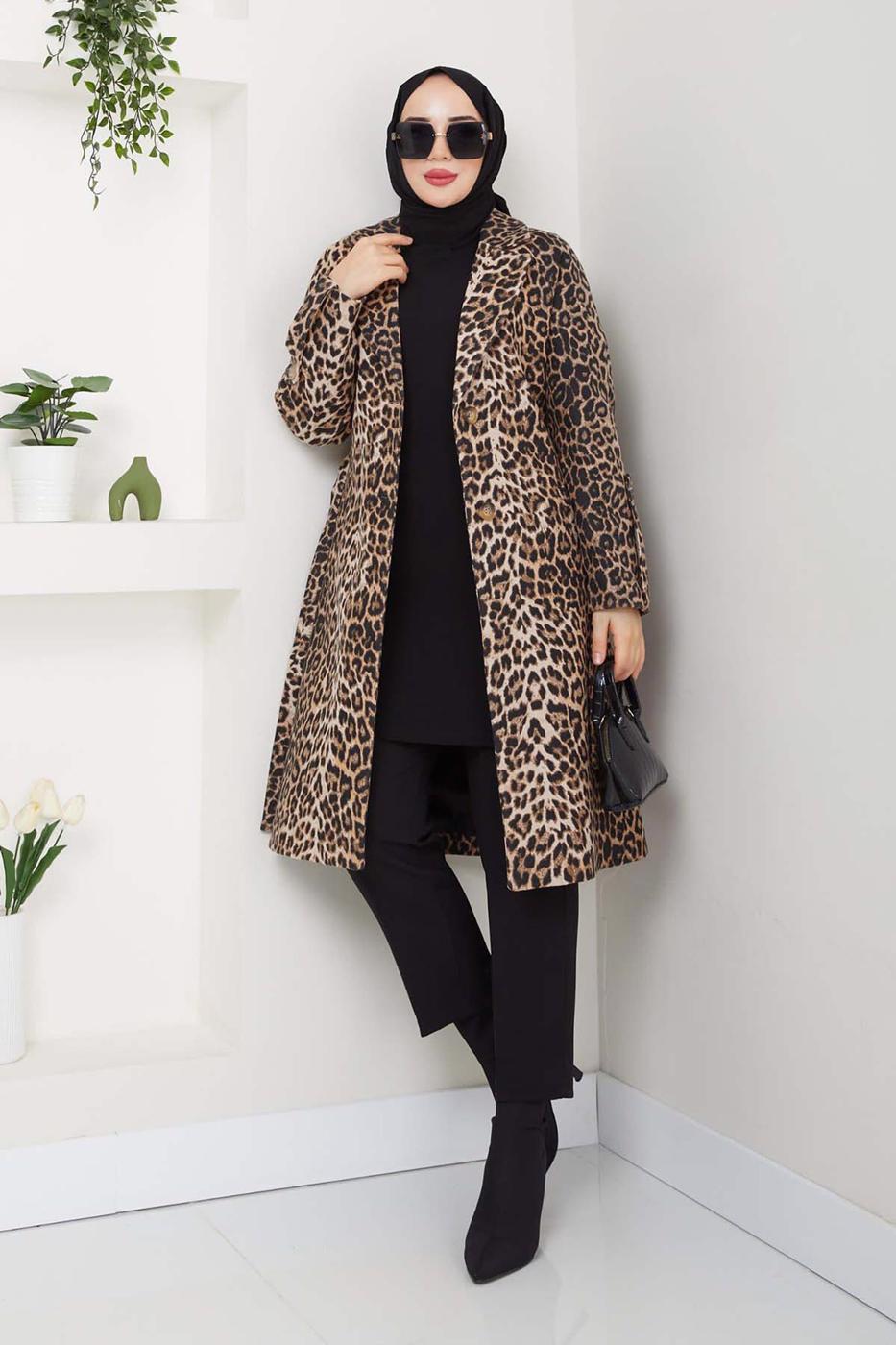 Hijab clothing BROWN LEOPARD PATTERNED TWEED COAT T 1194