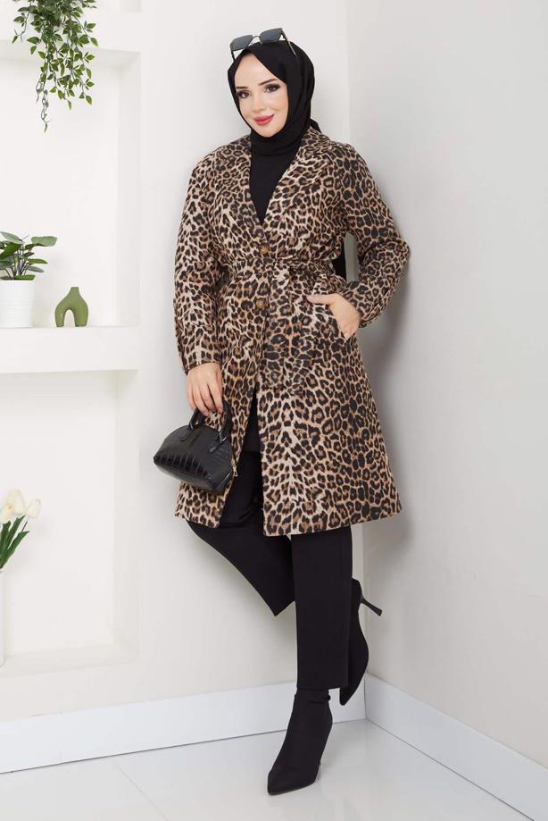 Hijab clothing BROWN LEOPARD PATTERNED TWEED COAT T 1194 - TRENDTESETTÜR