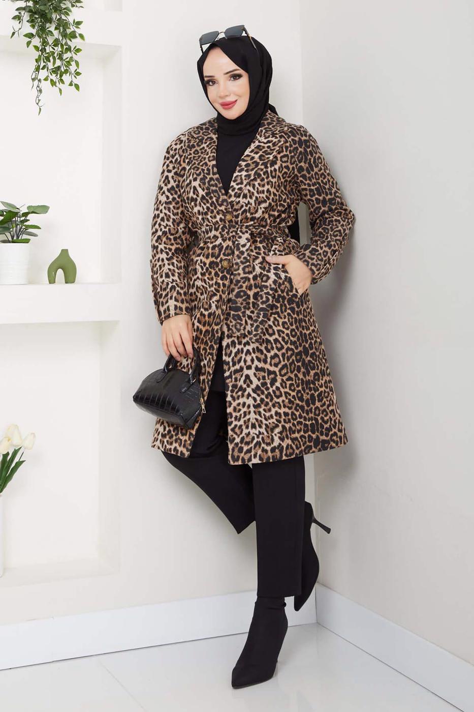 Hijab clothing BROWN LEOPARD PATTERNED TWEED COAT T 1194