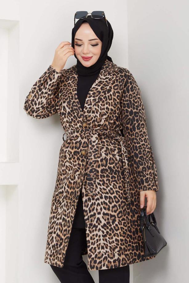 Hijab clothing BROWN LEOPARD PATTERNED TWEED COAT T 1194 - TRENDTESETTÜR