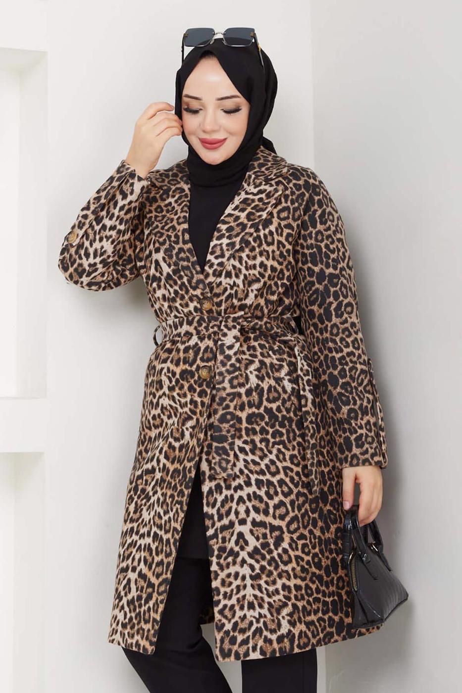 Hijab clothing BROWN LEOPARD PATTERNED TWEED COAT T 1194