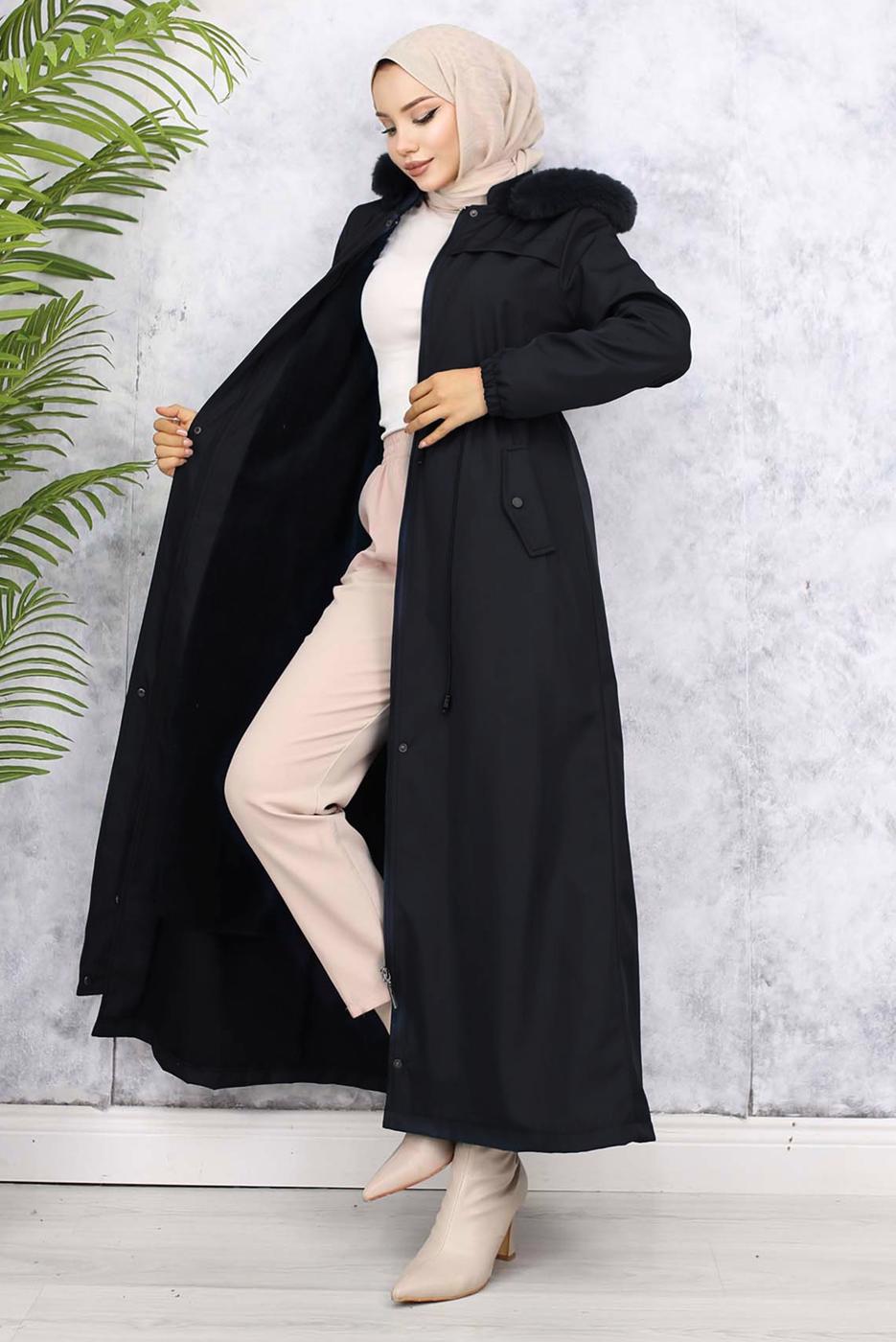 Tesettür giyim SİYAH KAPÜŞONLU KABAN T 1501