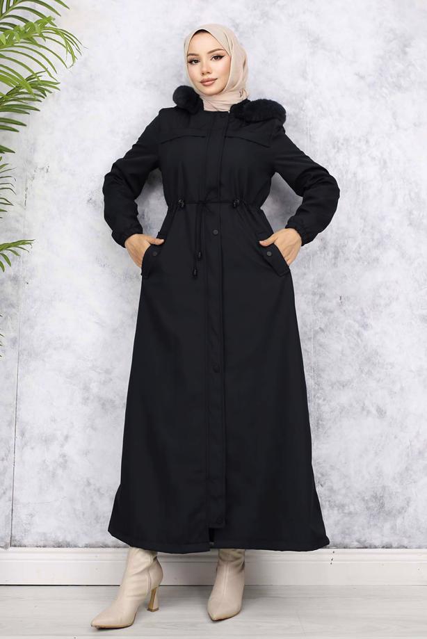 Tesettür giyim SİYAH KAPÜŞONLU KABAN T 1501 - TRENDTESETTÜR