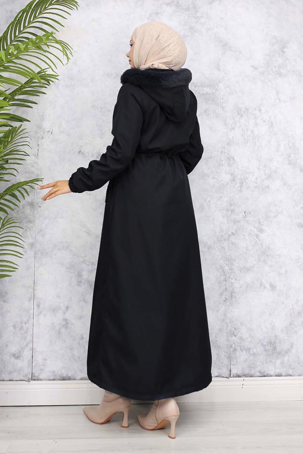Tesettür giyim SİYAH KAPÜŞONLU KABAN T 1501 - TRENDTESETTÜR