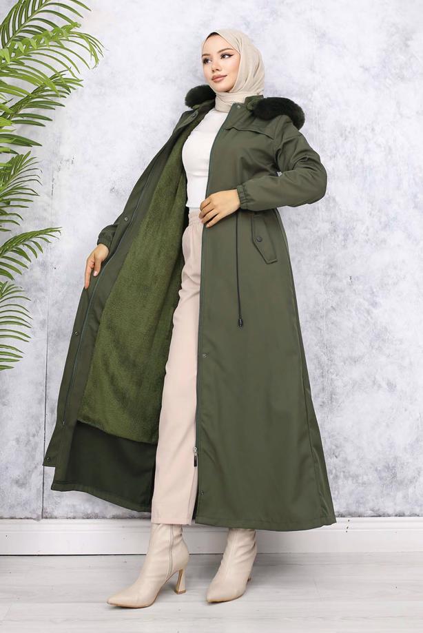 Tesettür giyim HAKİ KAPÜŞONLU KABAN T 1501 - TRENDTESETTÜR