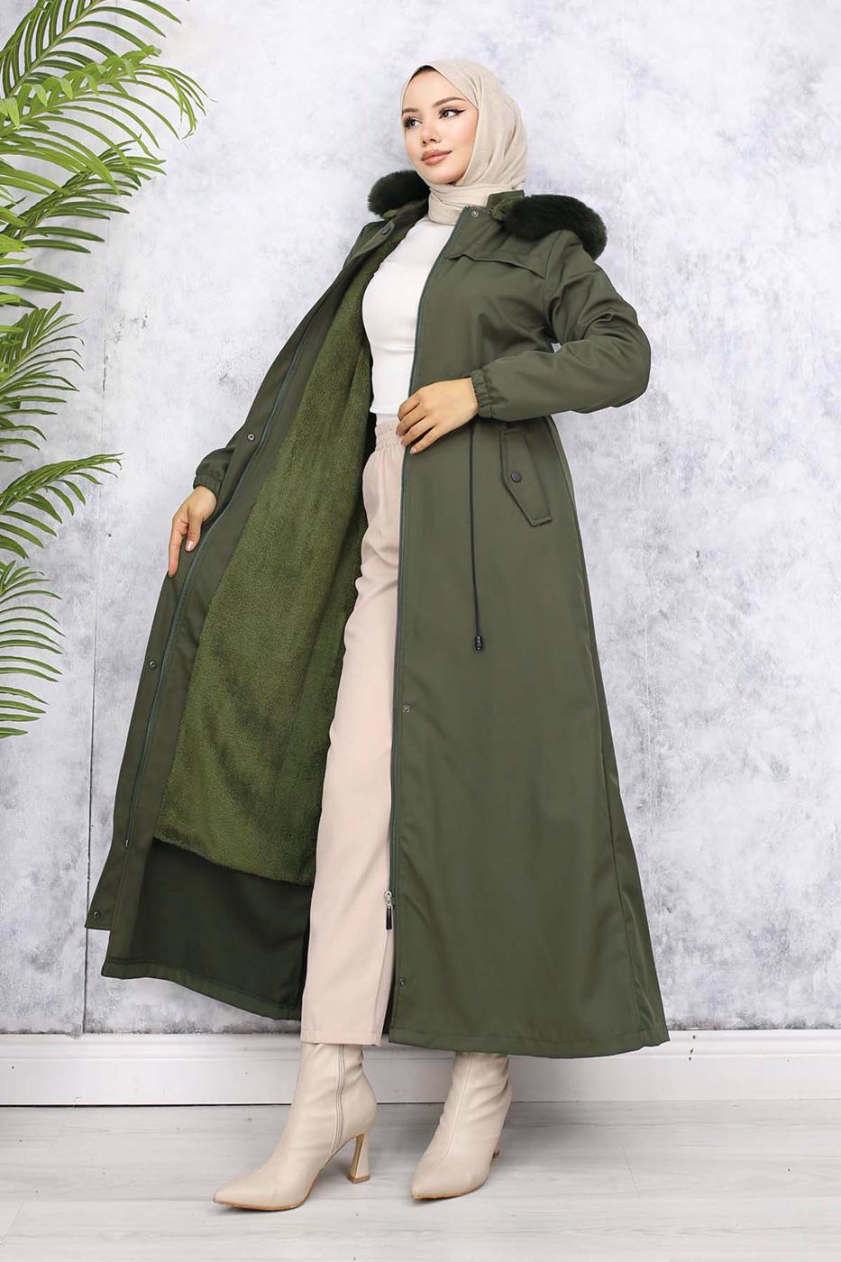 Tesettür giyim HAKİ KAPÜŞONLU KABAN T 1501