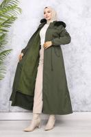 Tesettür giyim HAKİ KAPÜŞONLU KABAN T 1501