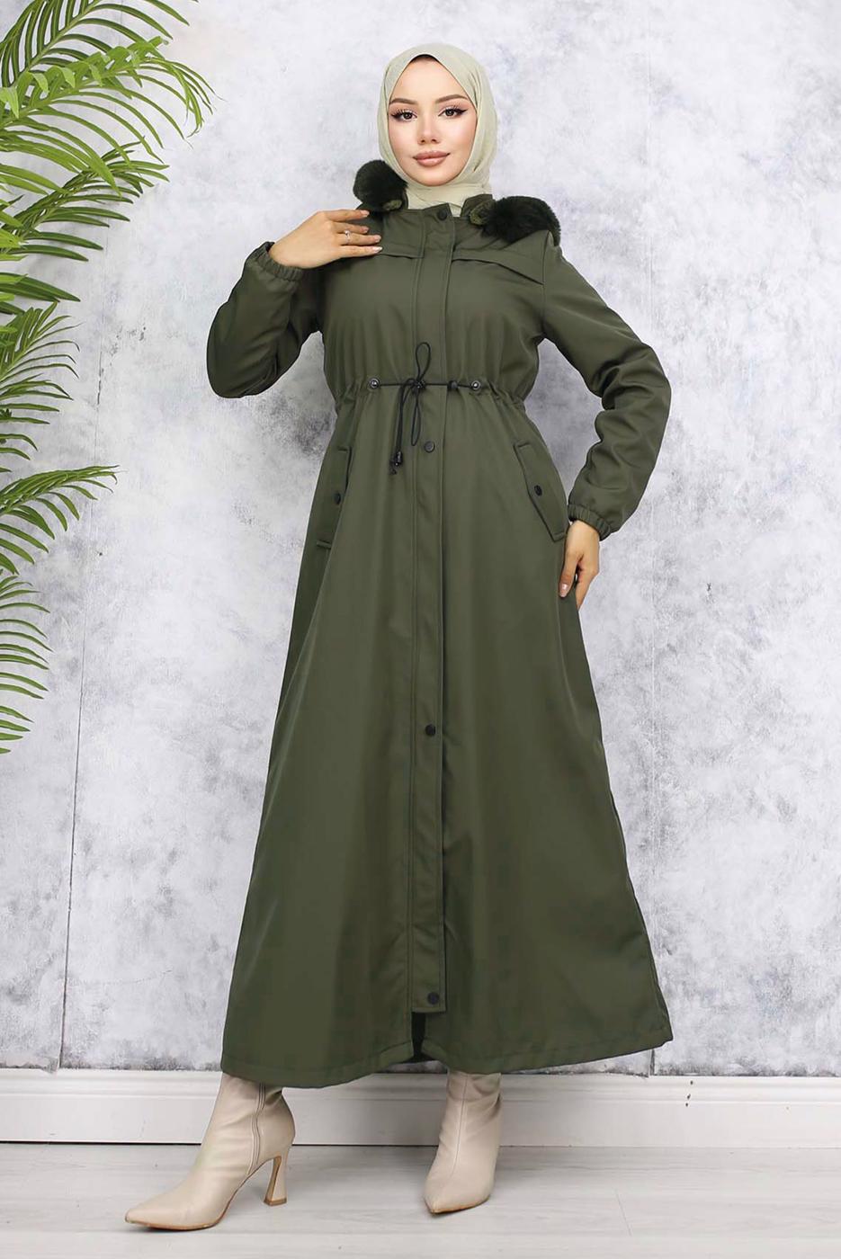 Tesettür giyim HAKİ KAPÜŞONLU KABAN T 1501