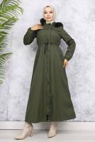 Tesettür giyim HAKİ KAPÜŞONLU KABAN T 1501