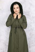 Tesettür giyim HAKİ KAPÜŞONLU KABAN T 1501