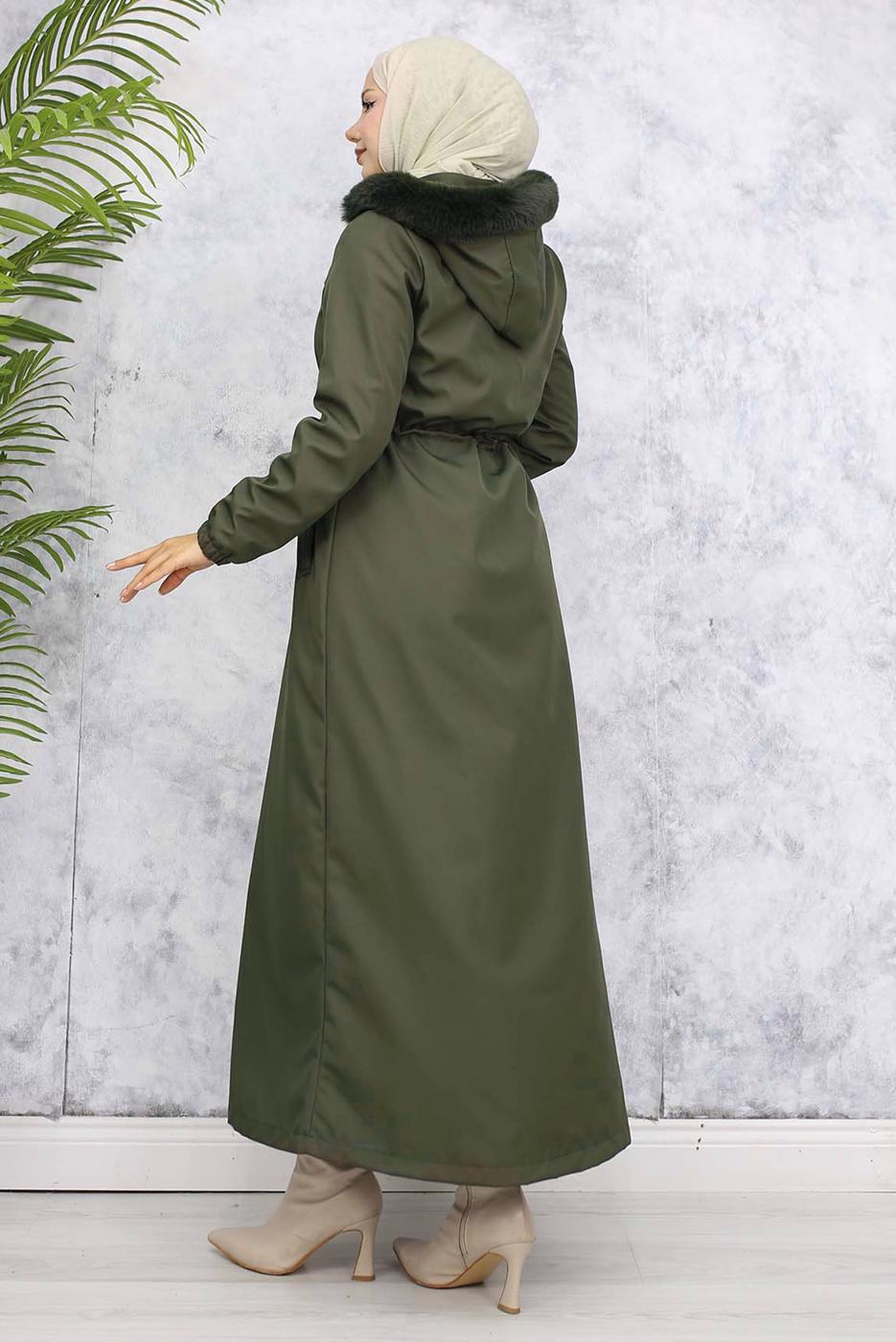 Tesettür giyim HAKİ KAPÜŞONLU KABAN T 1501