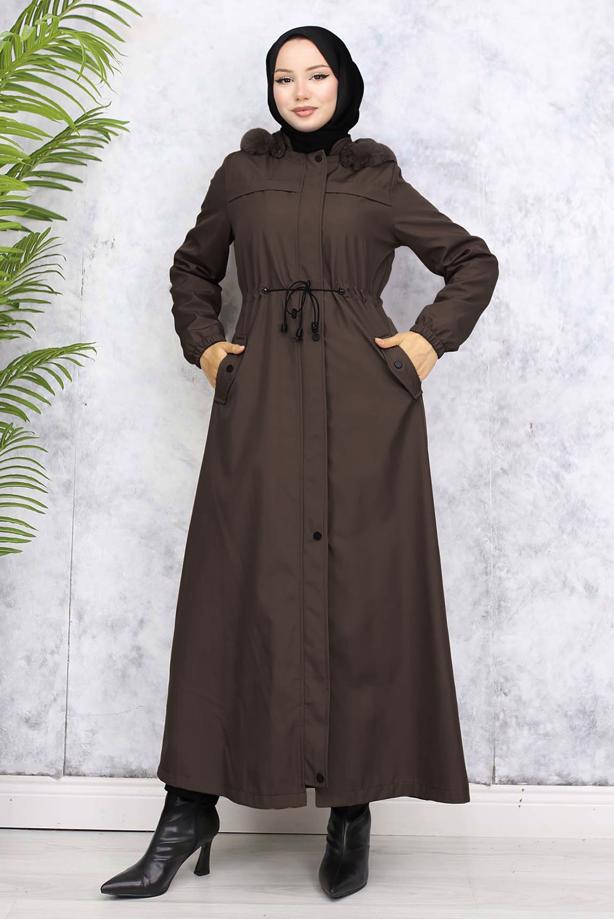 Tesettür giyim KAHVE KAPÜŞONLU KABAN T 1501 - TRENDTESETTÜR