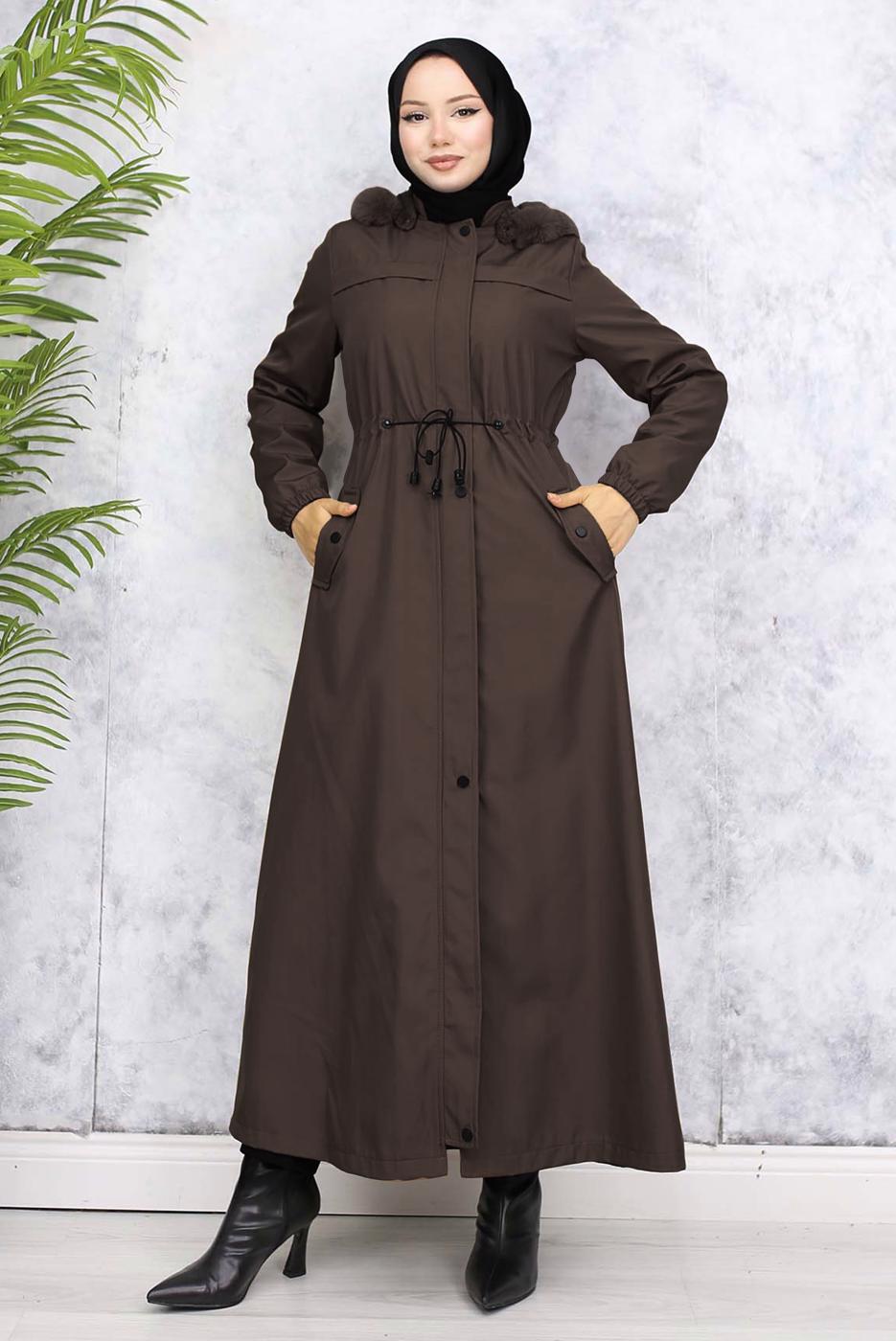 Tesettür giyim KAHVE KAPÜŞONLU KABAN T 1501