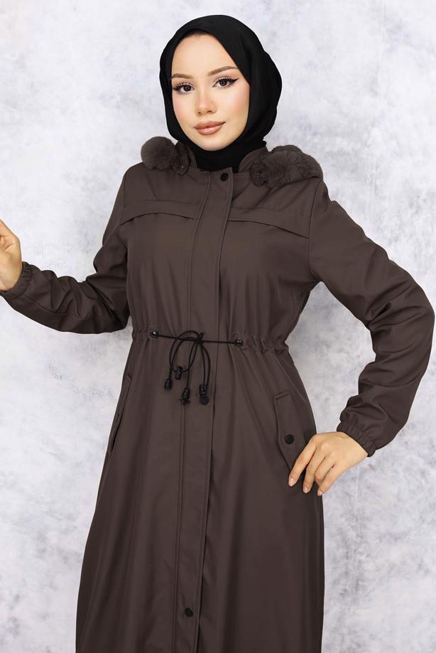 Tesettür giyim KAHVE KAPÜŞONLU KABAN T 1501 - TRENDTESETTÜR