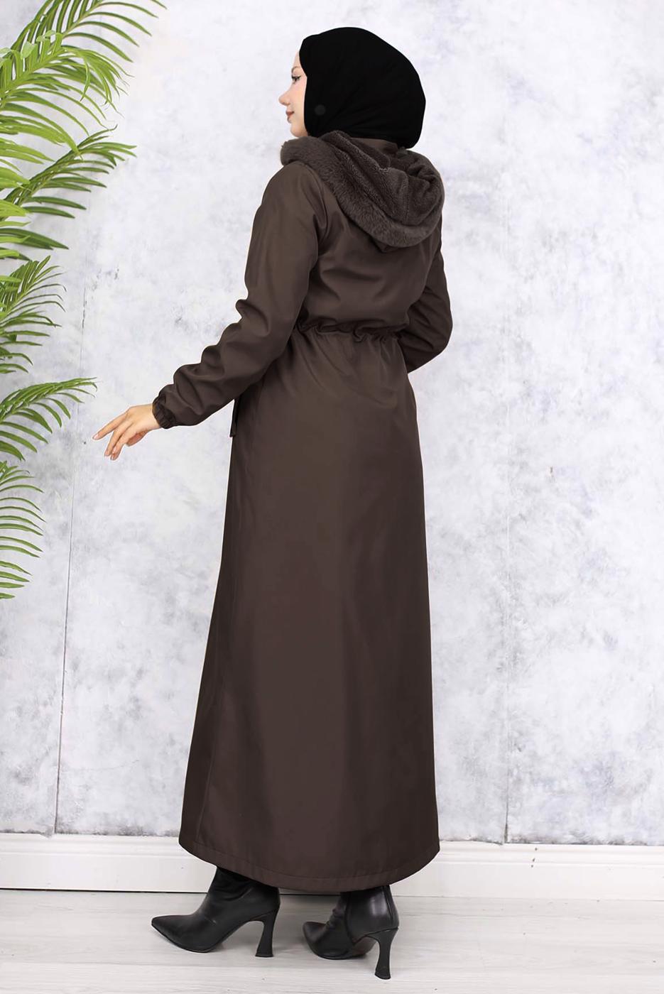 Tesettür giyim KAHVE KAPÜŞONLU KABAN T 1501