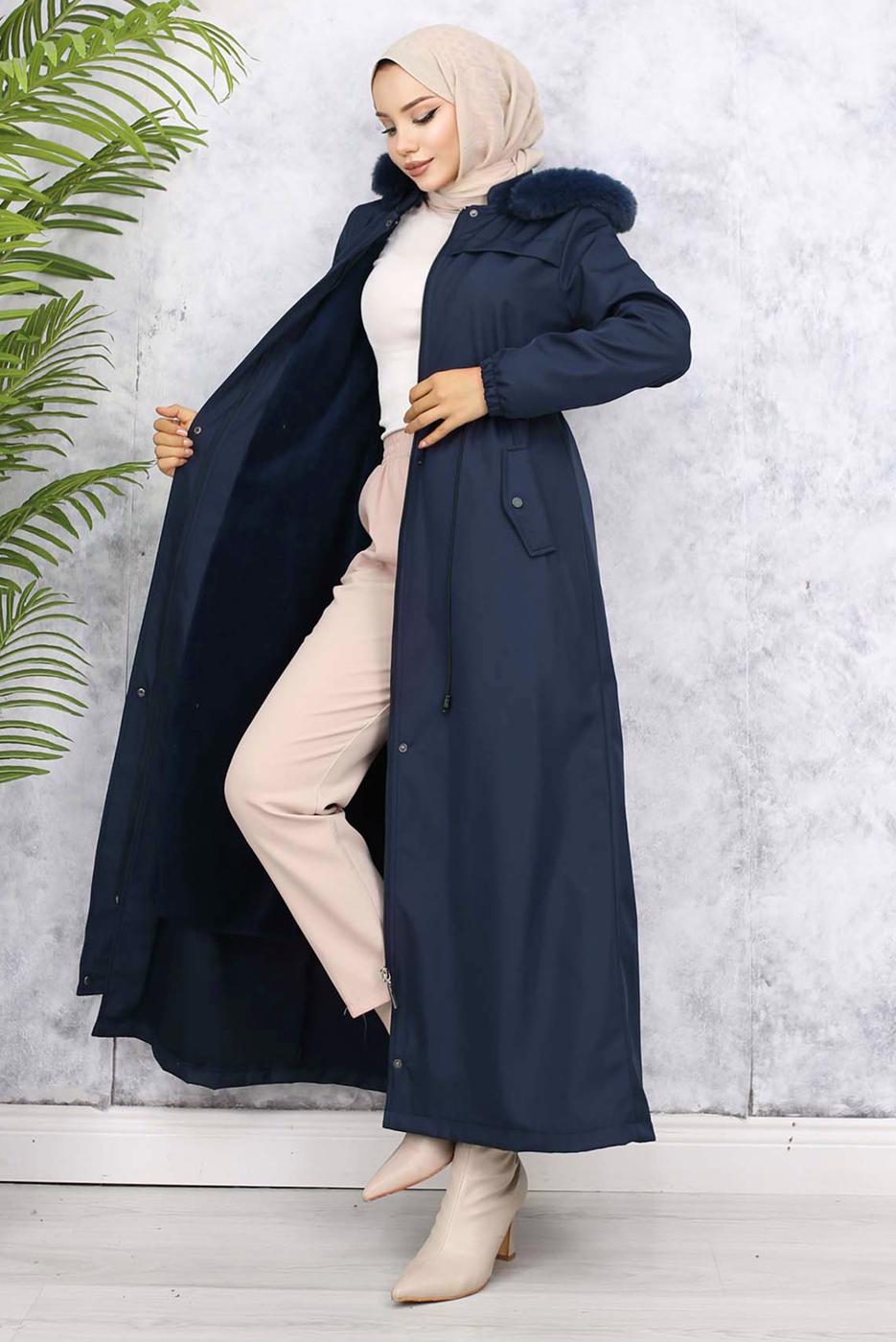 Tesettür giyim LACİVERT KAPÜŞONLU KABAN T 1501