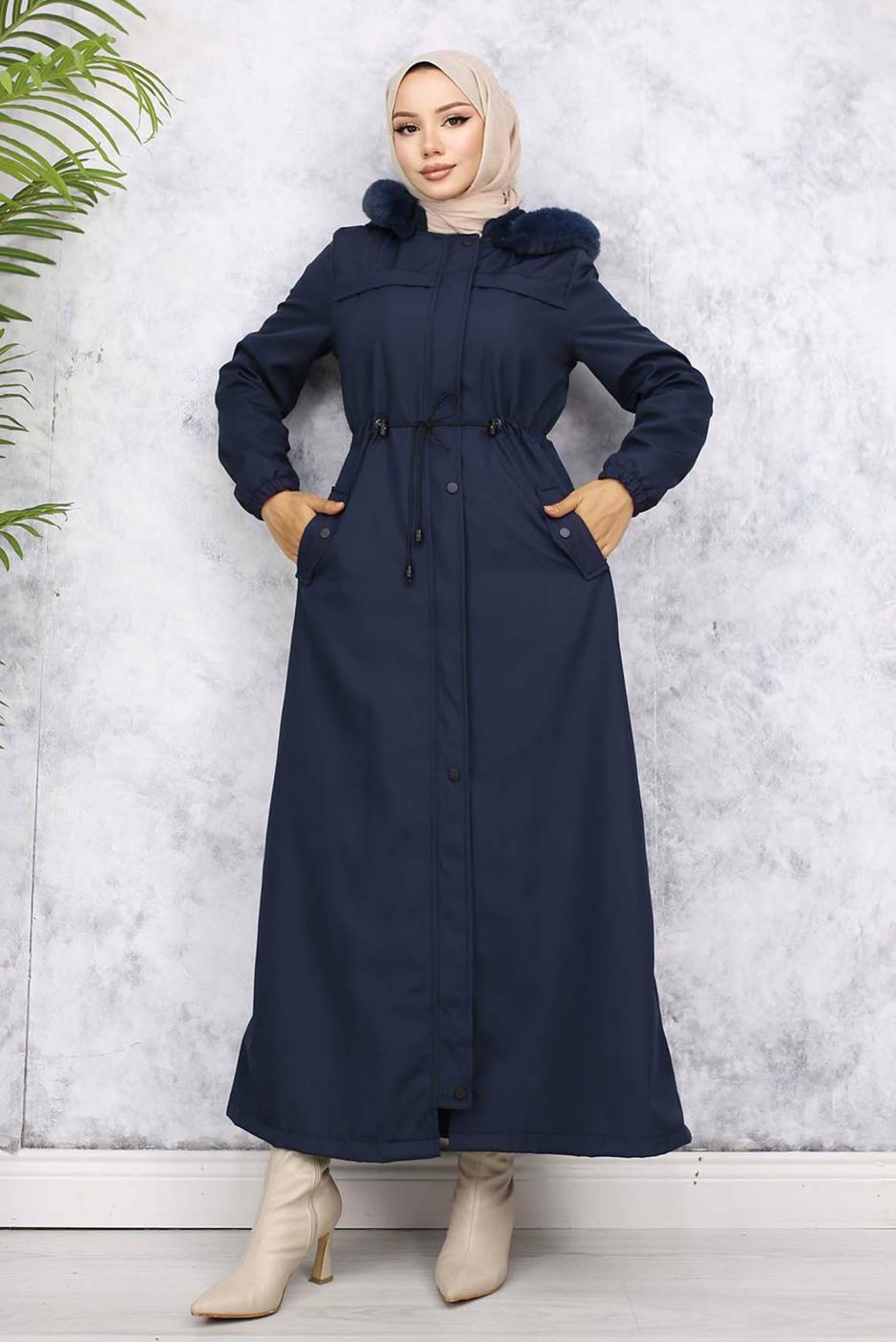 Tesettür giyim LACİVERT KAPÜŞONLU KABAN T 1501