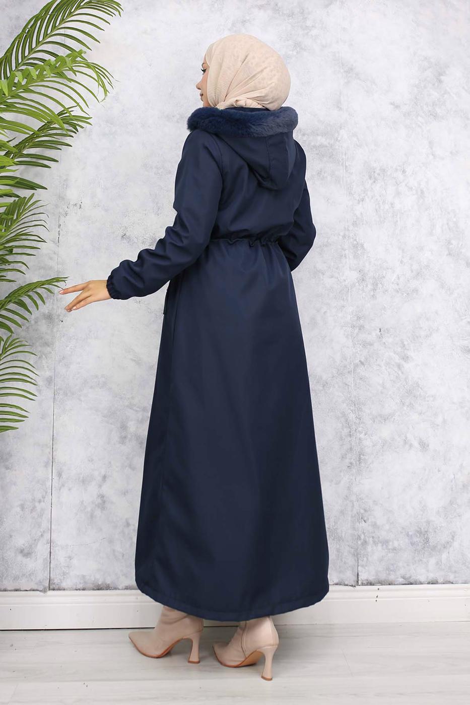 Tesettür giyim LACİVERT KAPÜŞONLU KABAN T 1501